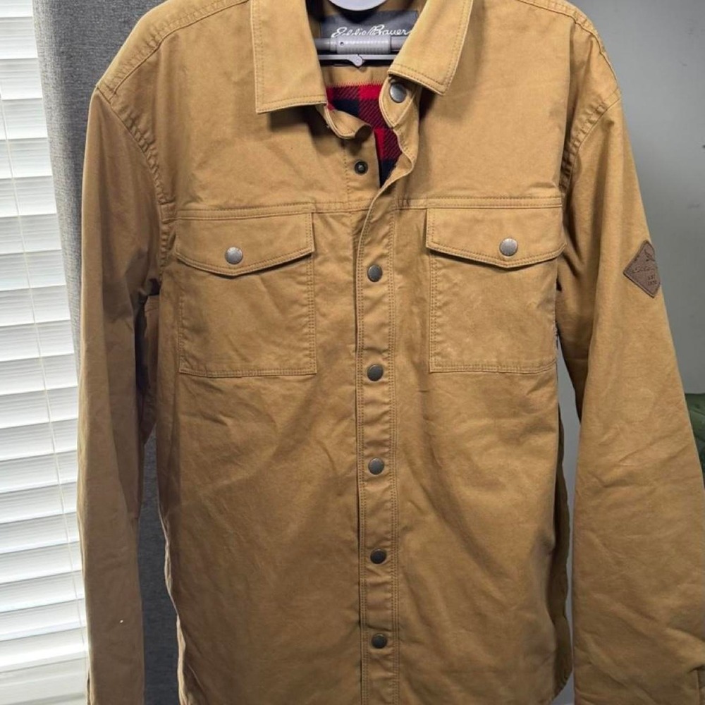 Eddie Bauer Men's L Shirt Jacket Tan Buffalo Plaid Lined Outdoor Work Shacket